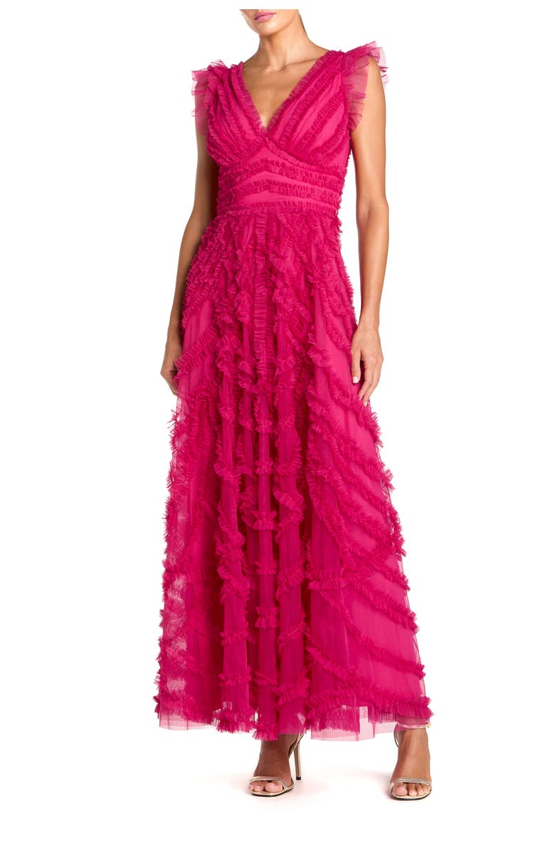 Mac Duggal V-Neck Cap Sleeve Ruffle Maxi Dress, Main, color, Fuchsia