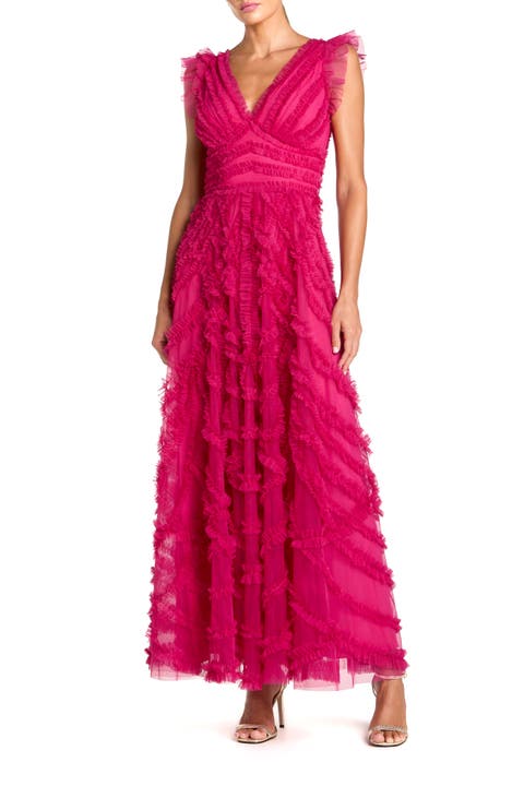 V-Neck Cap Sleeve Ruffle Maxi Dress