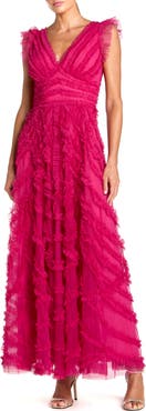 Mac Duggal V-Neck Cap Sleeve Ruffle Maxi Dress