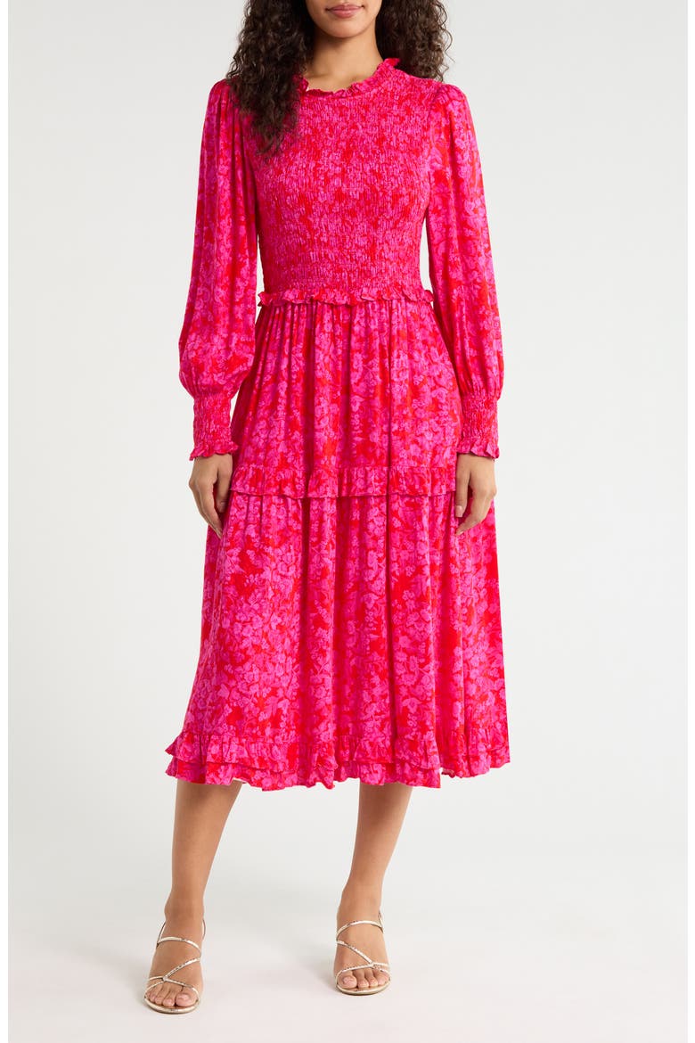 Seldy Smocked Bodice Long Sleeve Midi Dress, Main, color, RED-FUCHSIA