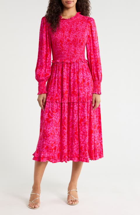 Seldy Smocked Bodice Long Sleeve Midi Dress
