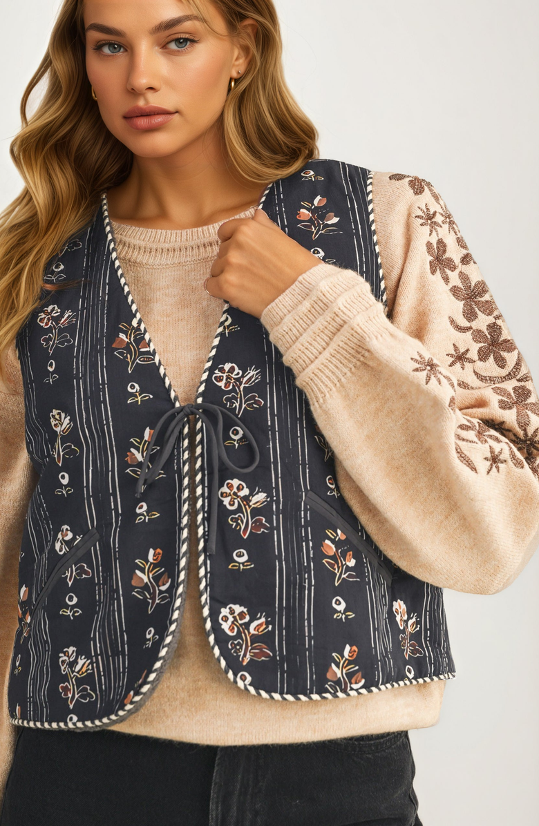 Knit and Lounge Embroidered Tie Front Vest with Floral Detailing, Alternate, color, Dark Blue / Floral