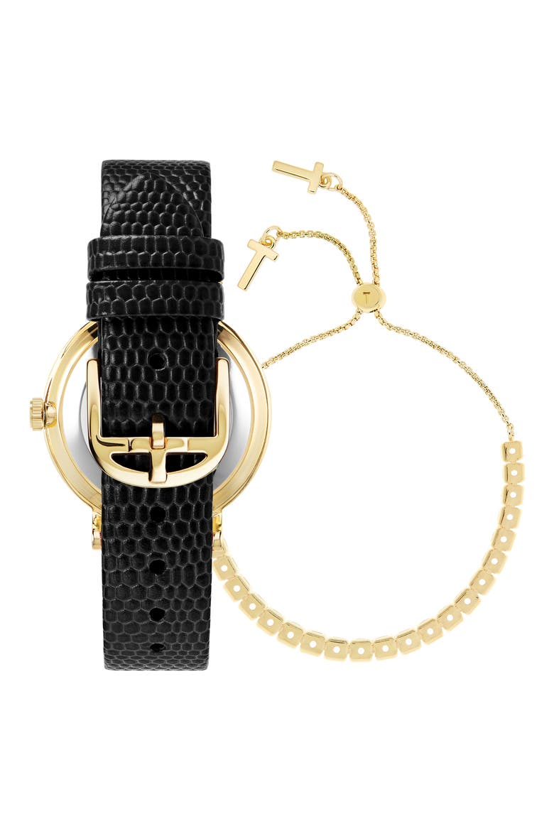 Phylipa Leather Strap Watch & Bracelet Set, 34mm, Alternate, color, YELLOW GOLD/ BLACK/ BLACK
