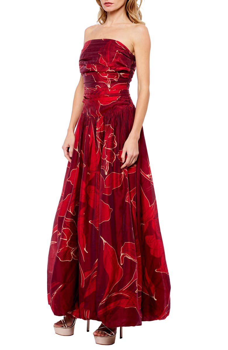 CIEBON Reema Floral Strapless Bubble Hem Gown, Alternate, color, Burgundy/ Red