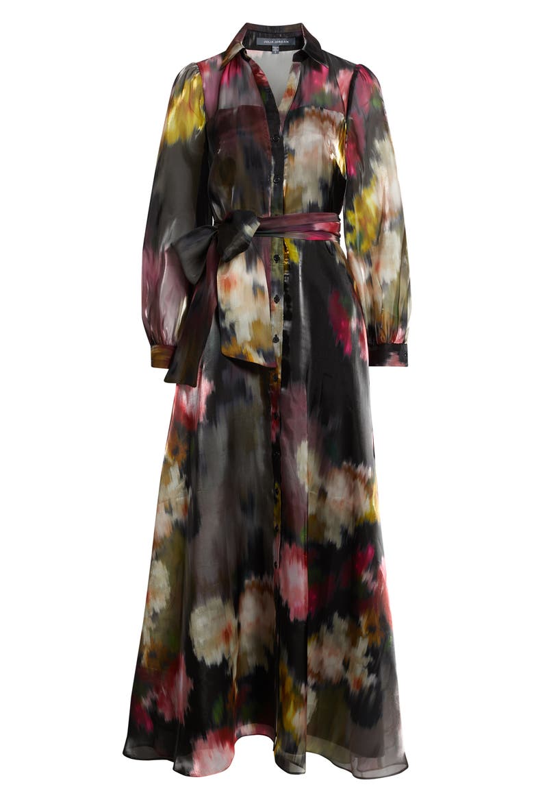 Abstract Floral Long Sleeve Organza Gown, Alternate, color, BLACK MULTI