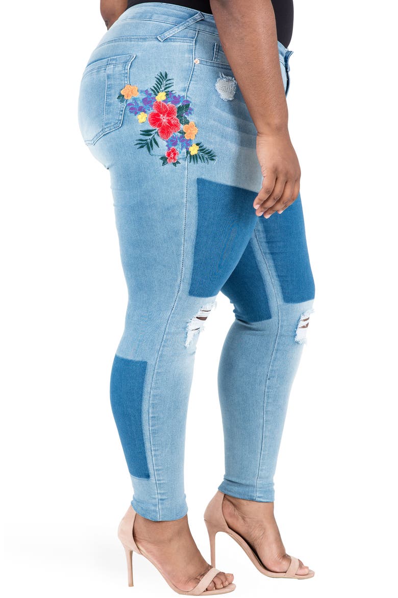 Madison Ripped & Embroidered Skinny Jeans, Alternate, color, BLUE