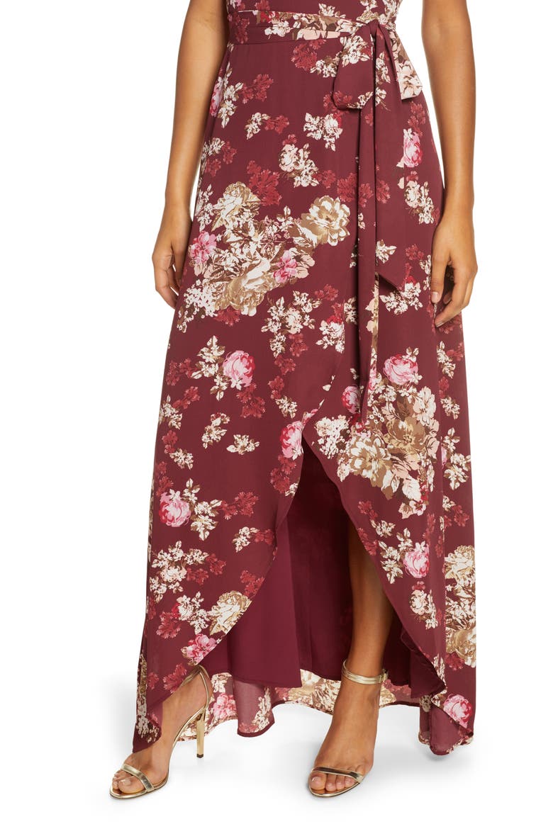 The Zoey Floral Print Short Sleeve Wrap Gown, Alternate, color, CABERNET FLORAL
