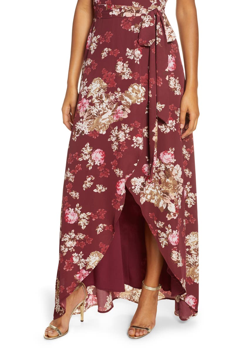 WAYF The Zoey Floral Print Short Sleeve Wrap Gown, Alternate, color,