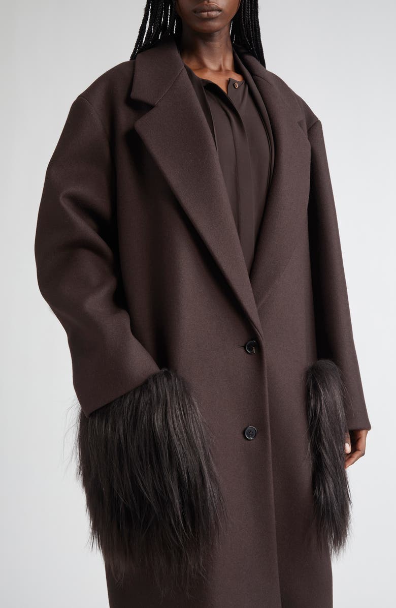 Michael Kors Collection Two-Button Slouch Coat With Long Haired Shearling Trim, Alternate, color, Chocolate