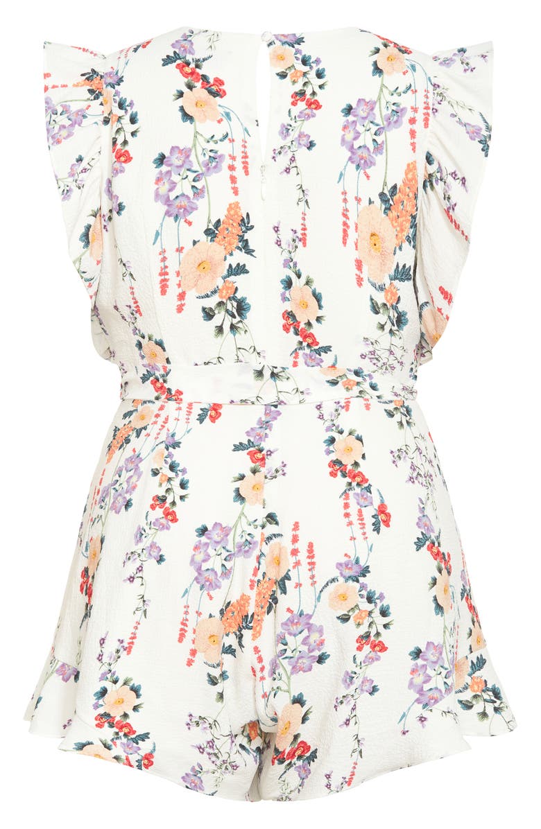 City Chic Fay Flutter Sleeve Tie Belt Romper, Alternate, color, Floral