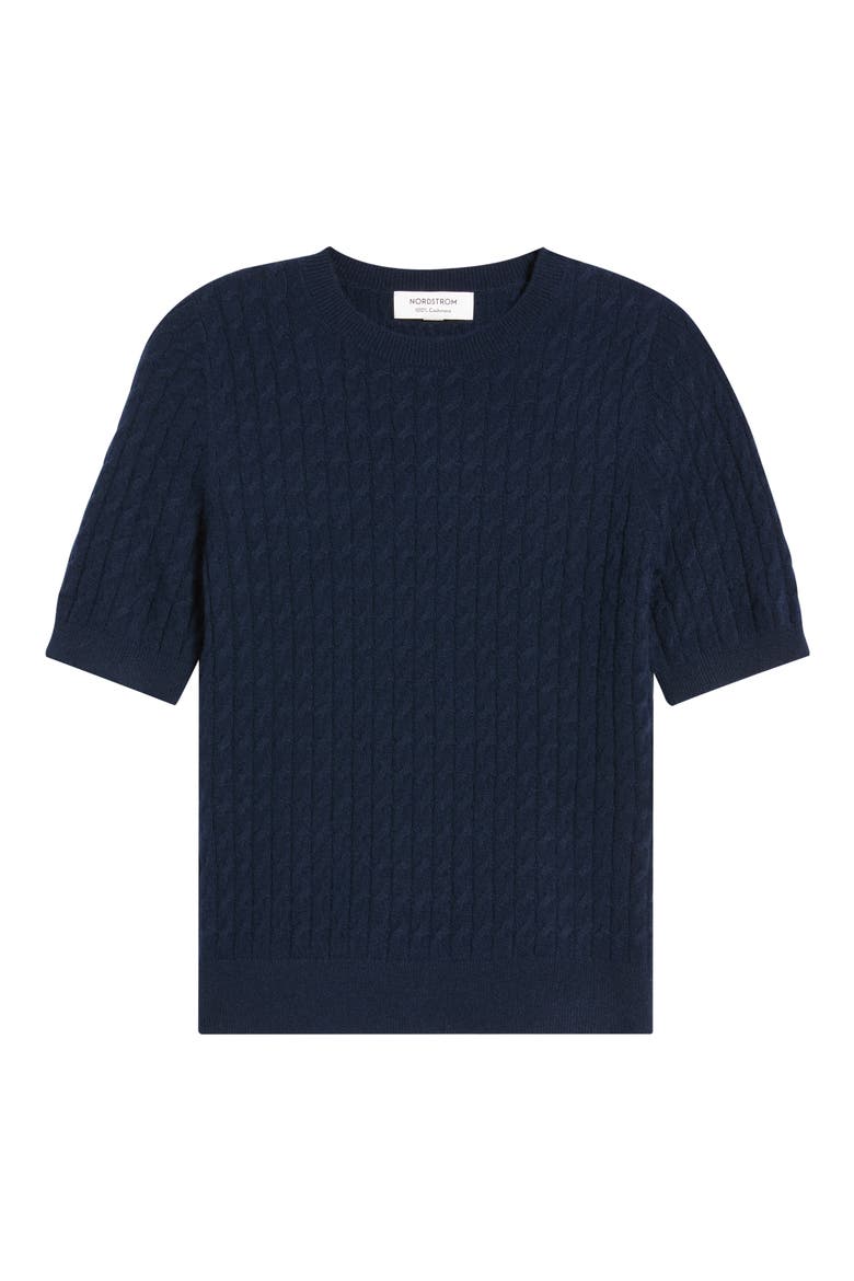 Cashmere Mini Cable Sweater Tee, Main, color, NAVY NIGHT