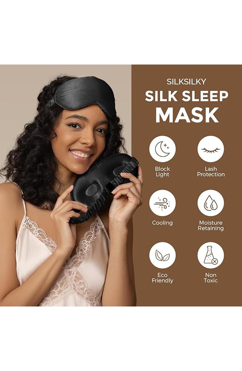 SILKSILKY 1 PC 22Momme Mulberry Silk 3D Contoured Blackout Eye Mask With Elastic Band, Alternate, color, Black