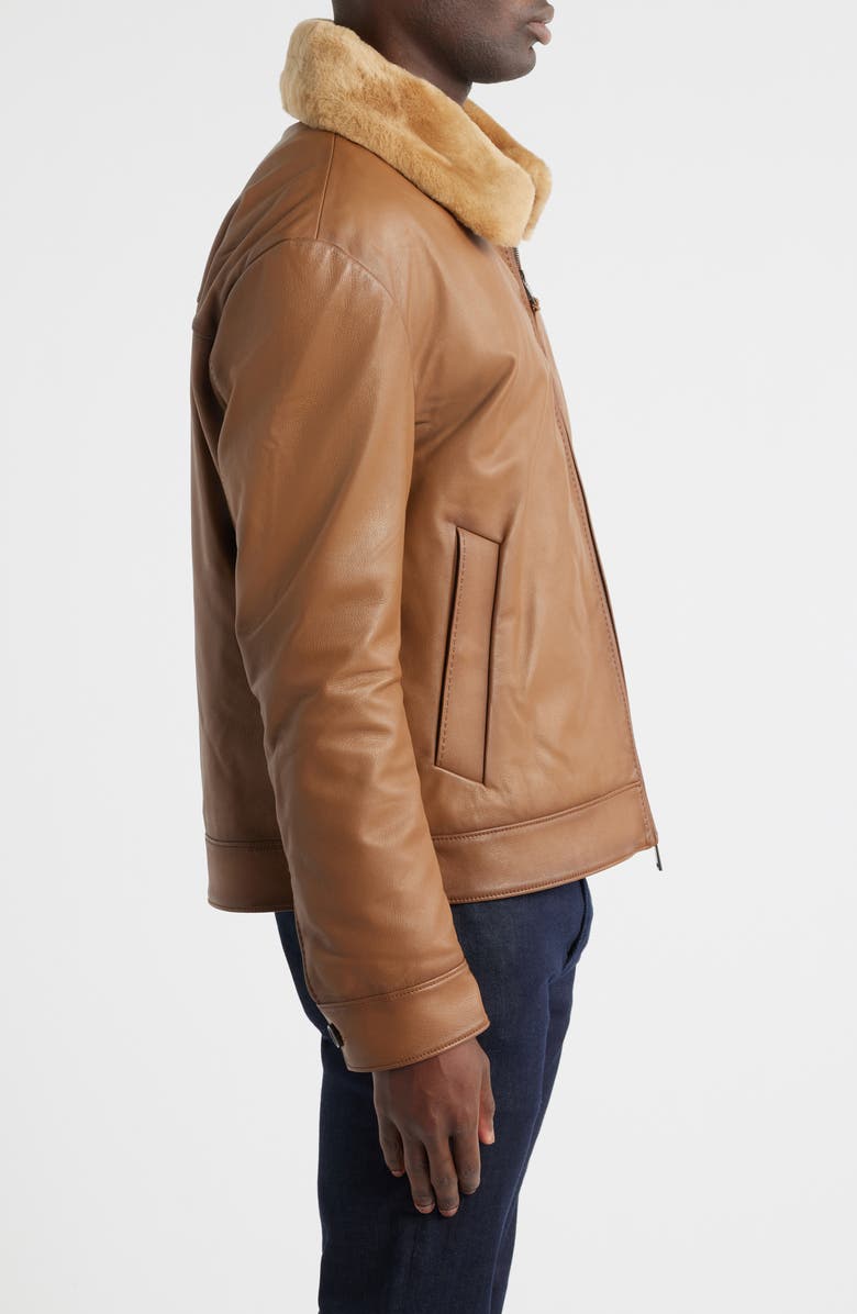 BOSS Mury Down Fill Leather Jacket with Removable Genuine Shearling Collar, Alternate, color, Medium Brown