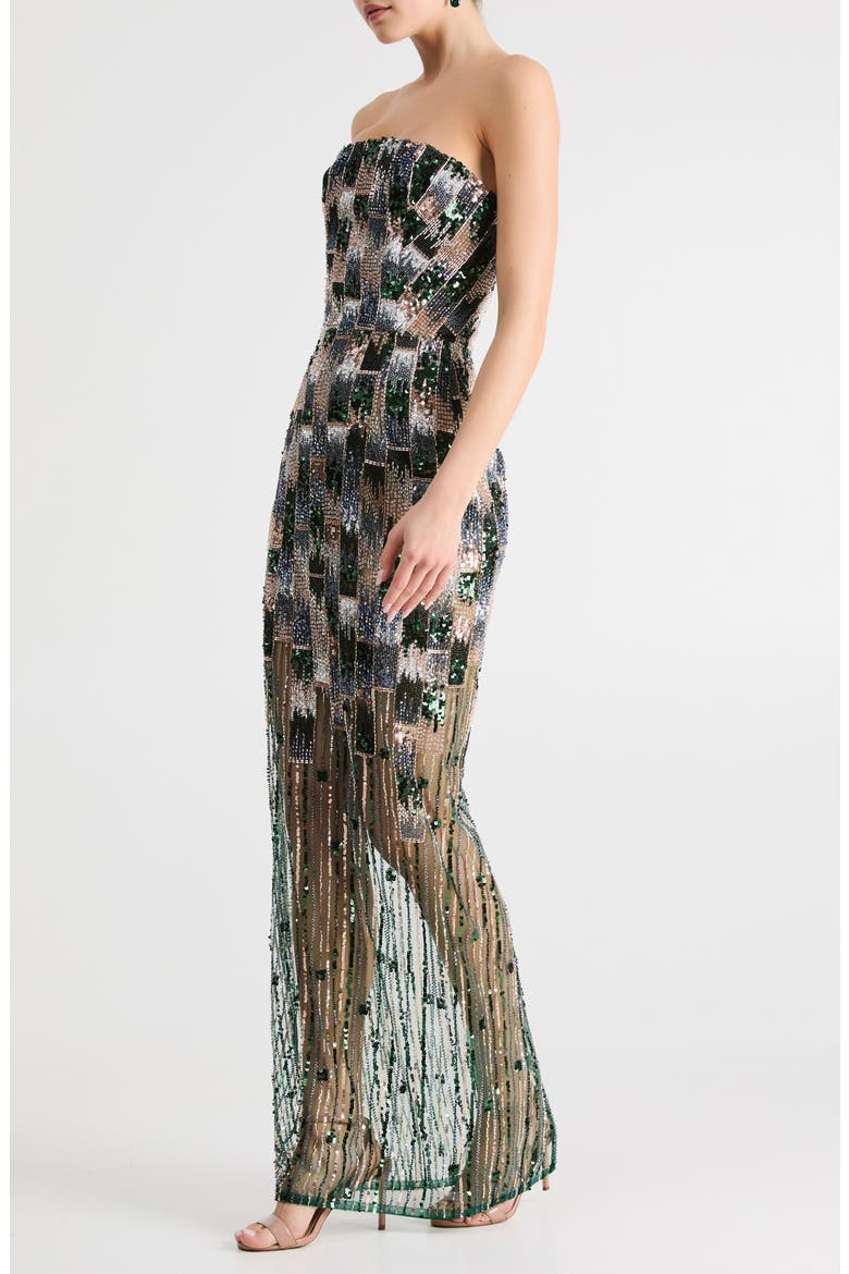 Cher Sequin Mixed Print Strapless Gown, Alternate, color, EMERALD