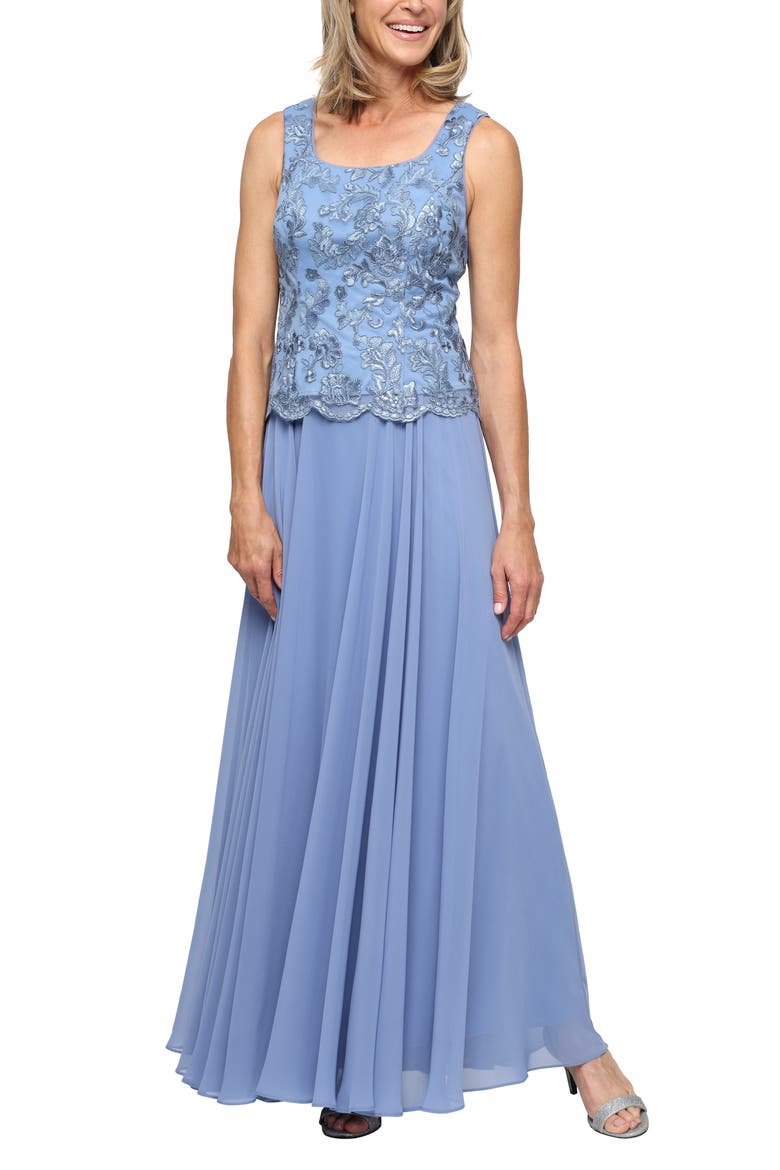 Mixed Media Sleeveless Gown with Embroidered Jacket, Main, color, DUSTY BLUE