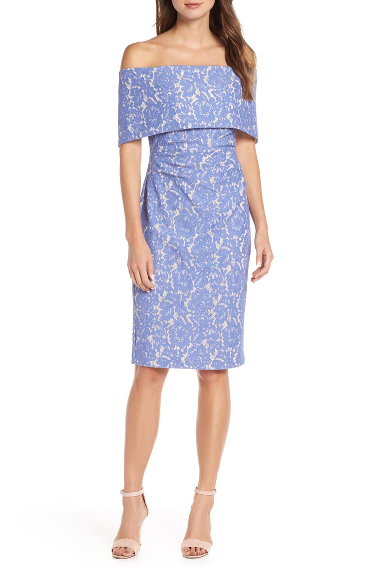 Off the Shoulder Lace Sheath Dress, Main, color, PERIWINKLE