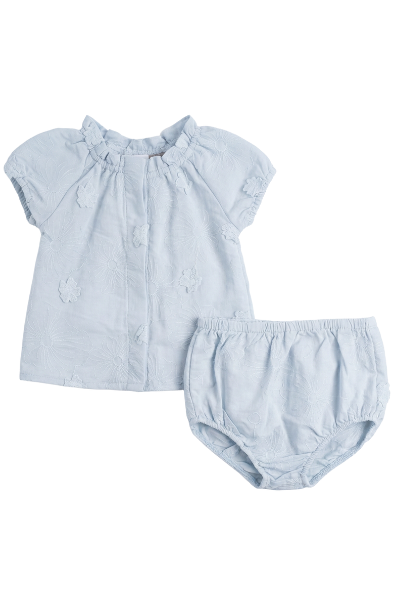 Posie & Pistachio Girl Floral Embroidery Applique Ruffle Neck Blouse and Bloomers Set, Main, color, Blue
