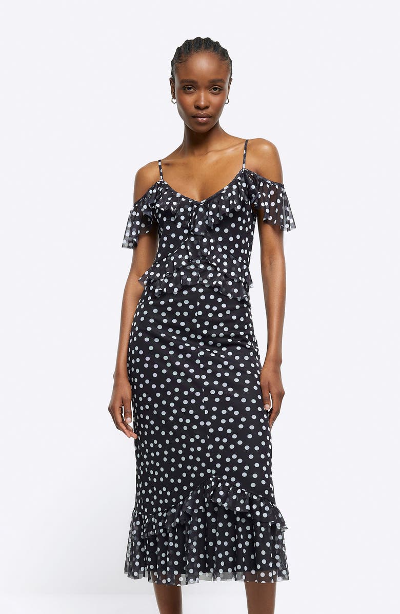 River Island Polka Dot Cold Shoulder Ruffle Midi Dress, Alternate, color, 