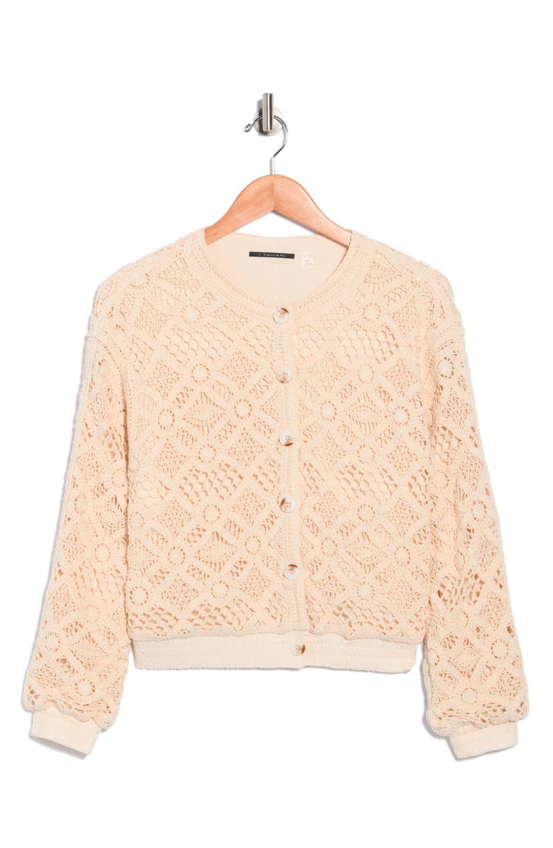 T Tahari Crochet Knit Button Front Jacket, Main, color, Ivory