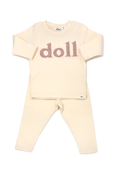 "doll" Ribbed Applique Long Sleeve Two Piece Set