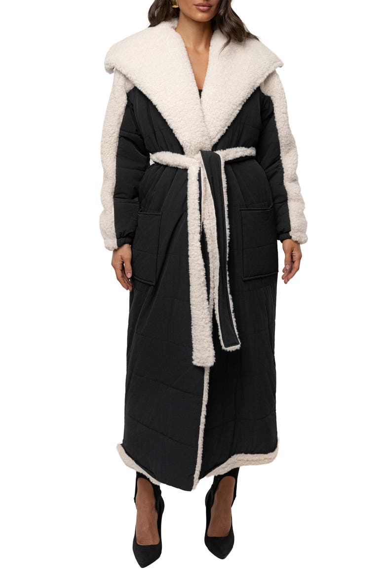Quilted Longline Coat with High Pile Fleece Lining, Main, color, BLACK