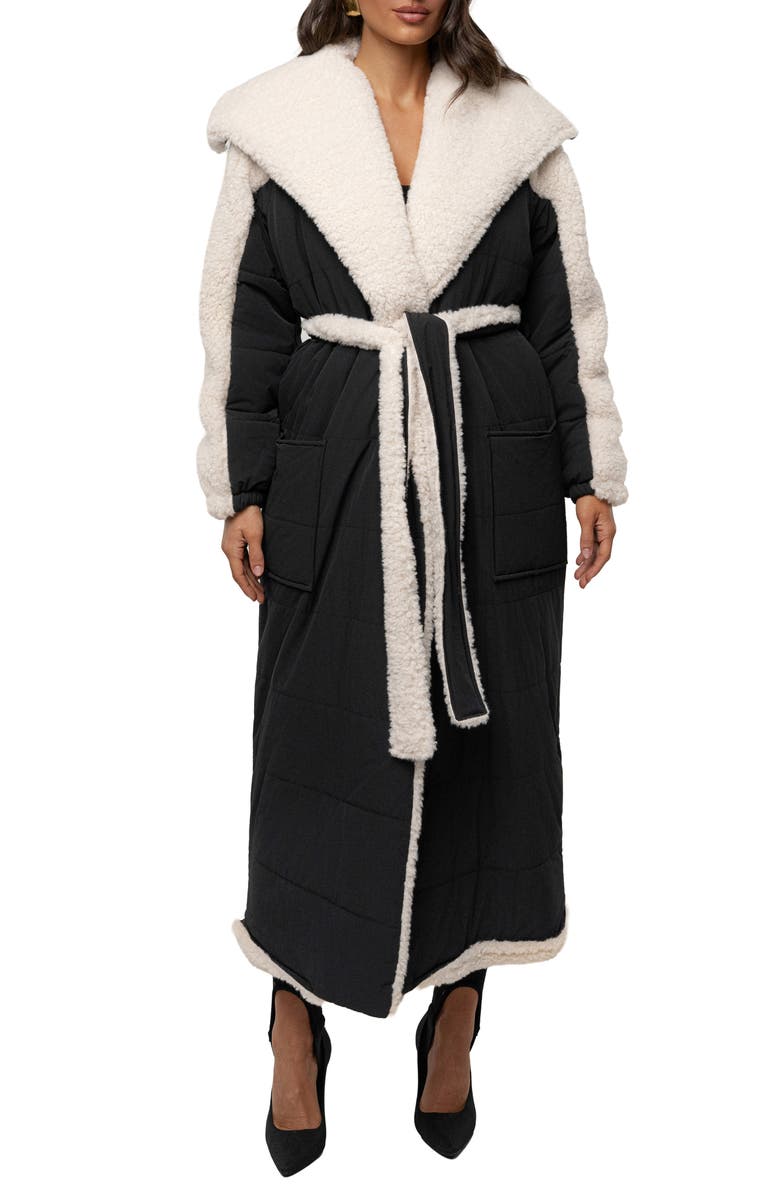 JLUXLABEL Quilted Longline Coat with High Pile Fleece Lining, Main, color, Black
