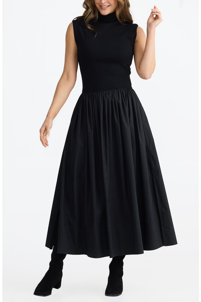 Mayflower Mixed Media Stretch Cotton Dress, Main, color, BLACK