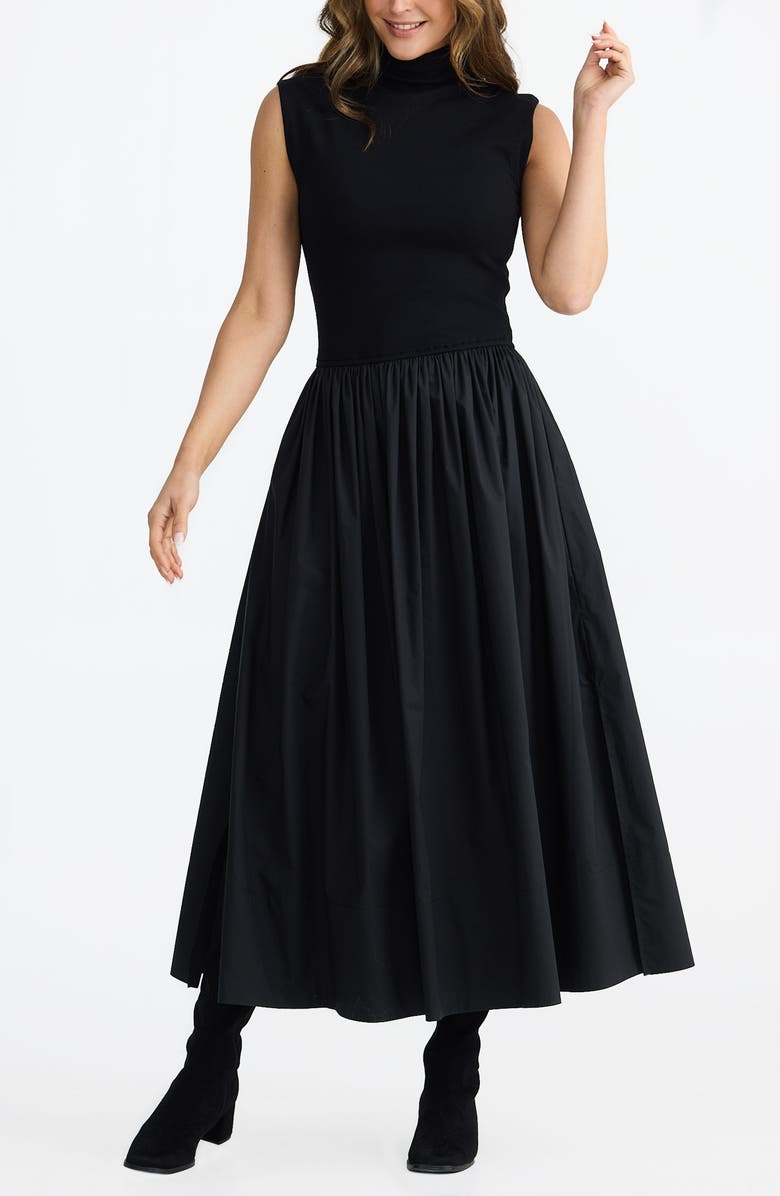 Brave+True Mayflower Mixed Media Stretch Cotton Dress, Main, color, Black