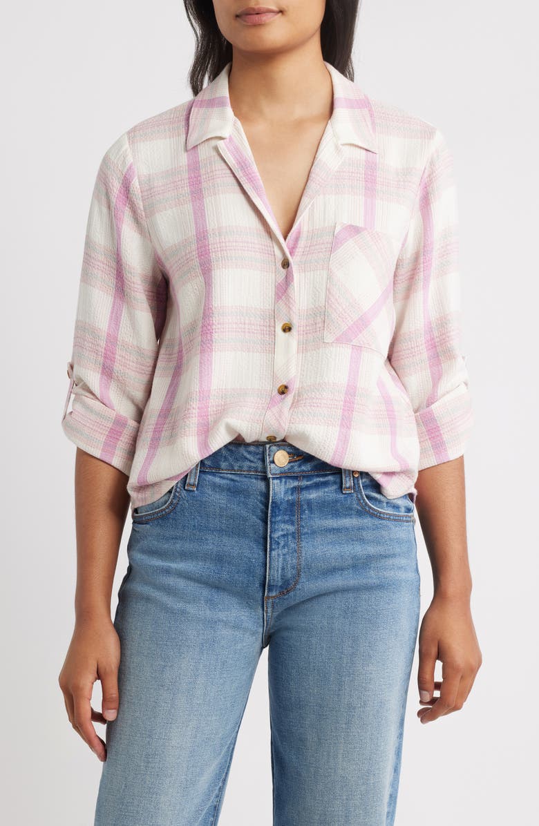 Hatley Lila Plaid Button-Up Shirt, Main, color, Cami Lace