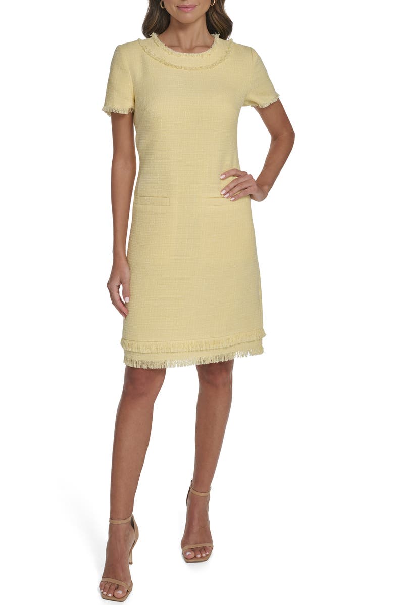 Eliza J Fringe Detail Tweed A-Line Dress, Main, color, Butter