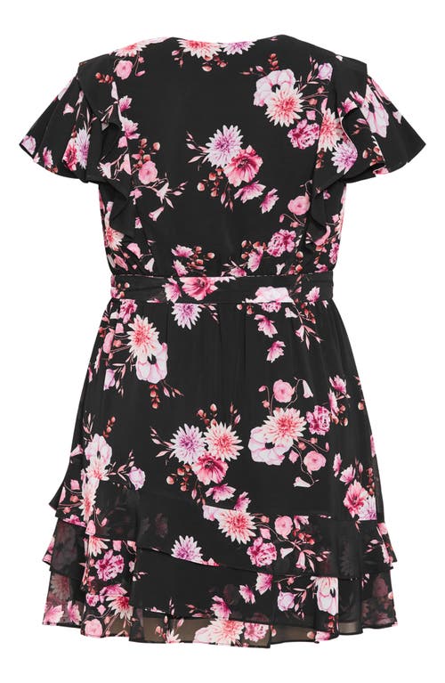 City Chic Serene Floral Tie Waist Minidress In Black