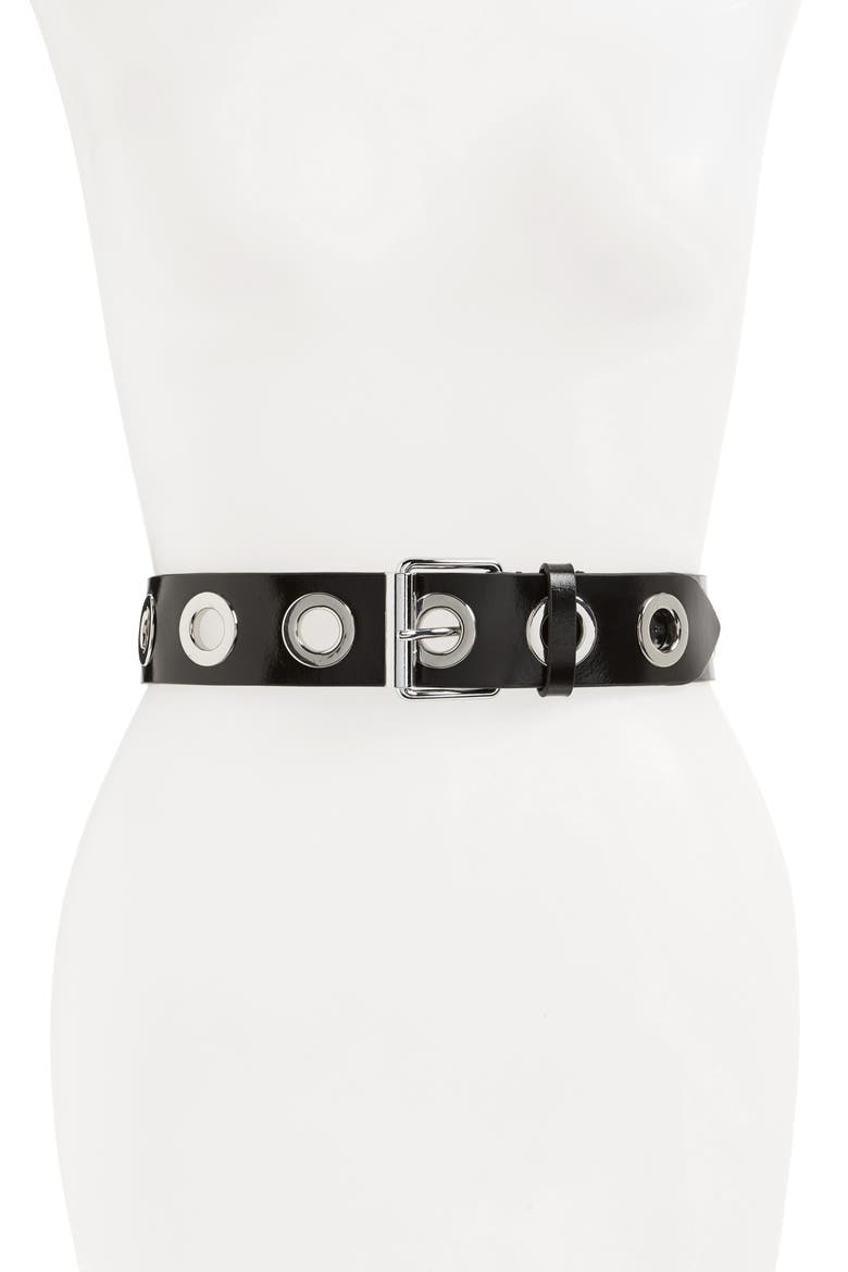 Grommet Leather Belt, Main, color, BLACK/ SHINY NICKEL
