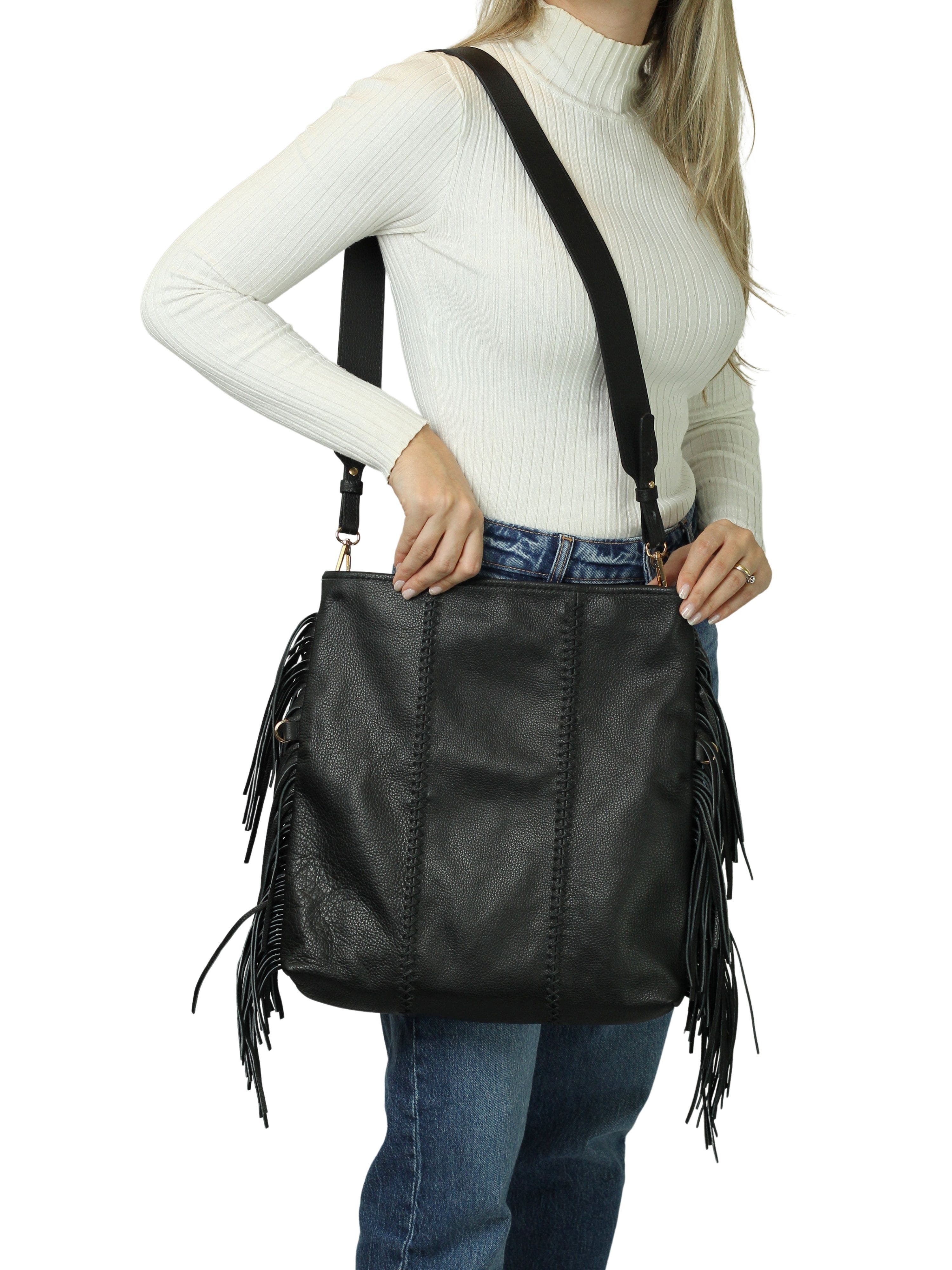 Carlos Falchi Large Fringe Leather Crossbody Messenger, Alternate, color, Black Obsidian