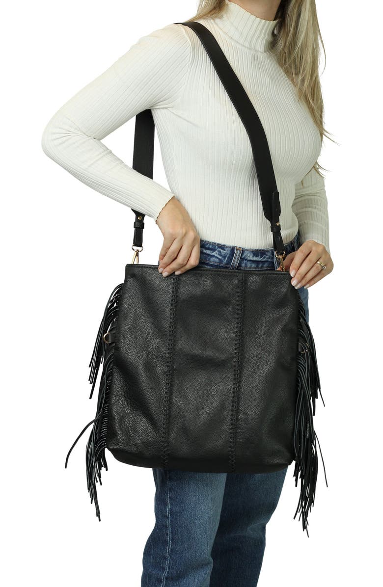 Carlos Falchi Large Fringe Leather Crossbody Messenger, Alternate, color, Black Obsidian