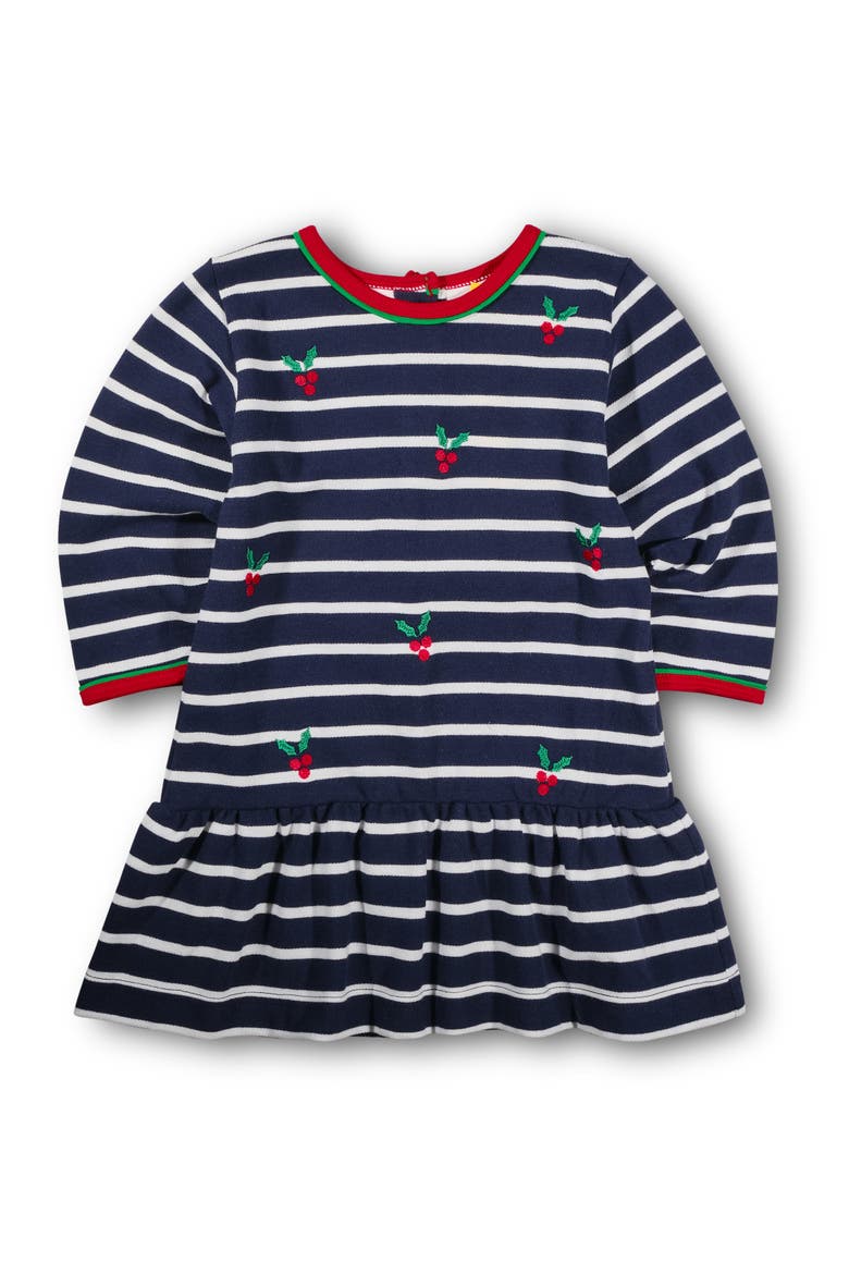 Stripe Knit Dress With Embroidered Holly, Main, color, Navy, Red, Green, White