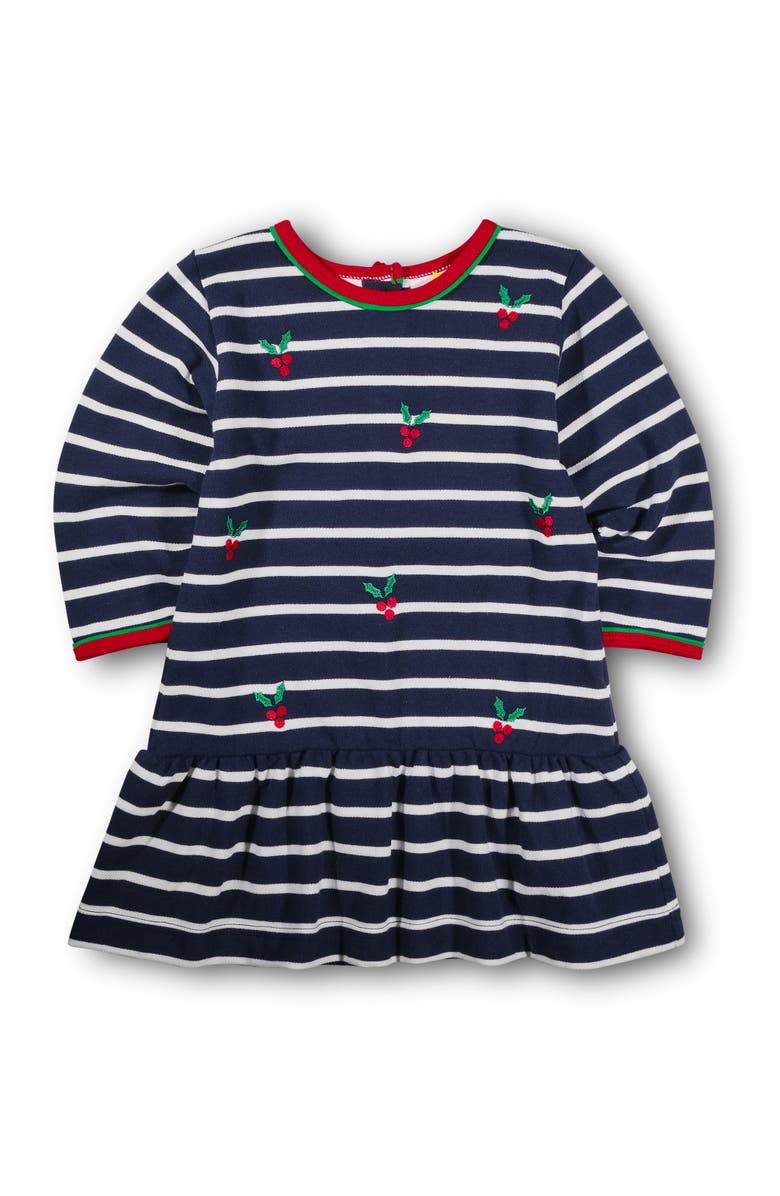 Florence Eiseman Stripe Knit Dress With Embroidered Holly, Main, color, Navy, Red, Green, White