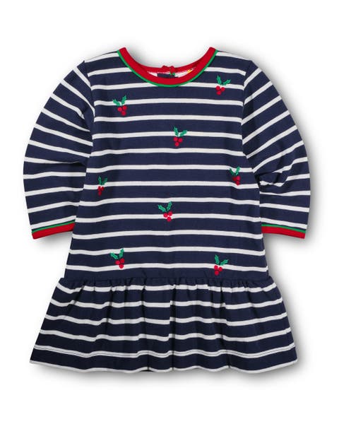 Stripe Knit Dress With Embroidered Holly (Baby, Toddler, Little Kid, Big Kid)
