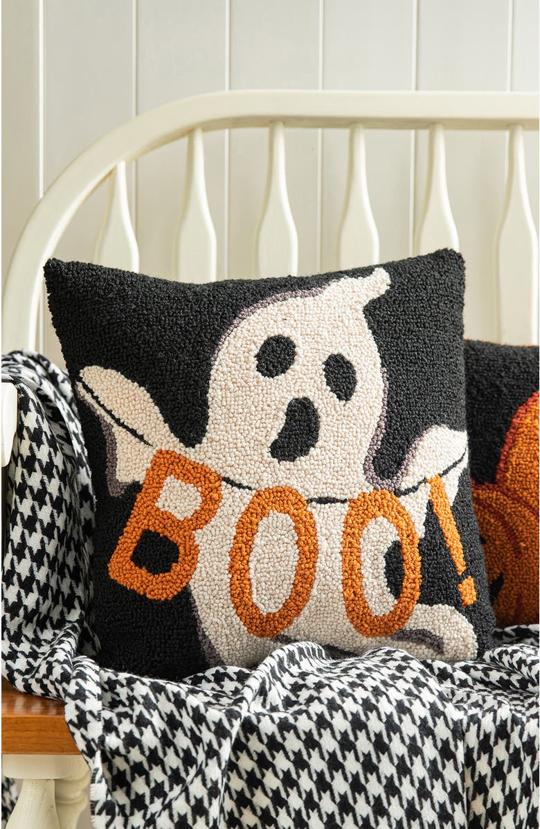 Glitzhome Hooked Halloween Ghost BOO Pillow, Alternate, color, Black