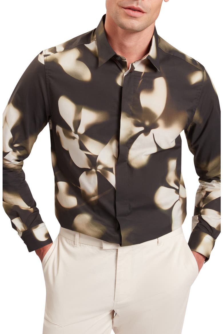 Wrenin Photographic Floral Print Button-Up Shirt, Main, color, BLACK