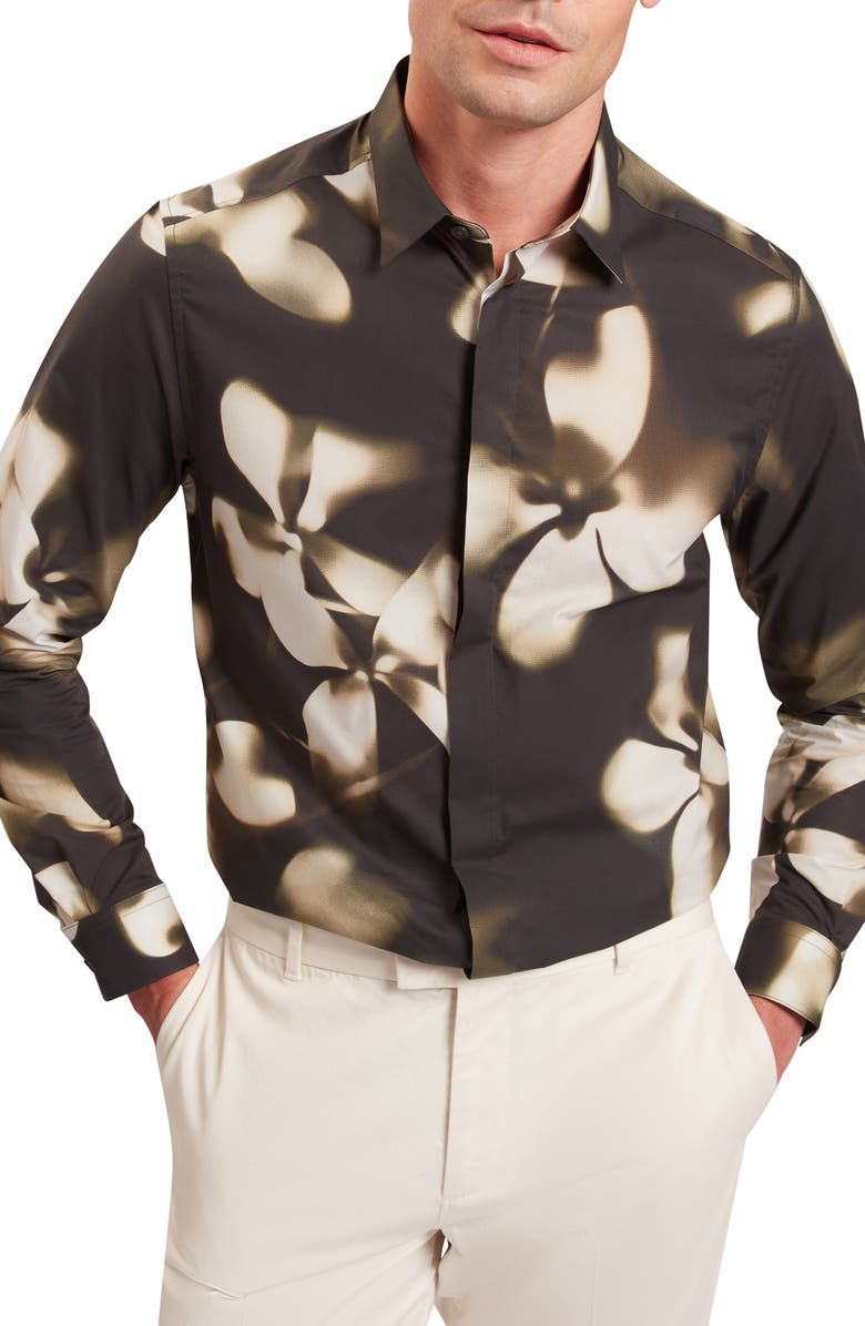 Ted Baker Wrenin Photographic Floral Print Button-Up Shirt, Main, color, Black