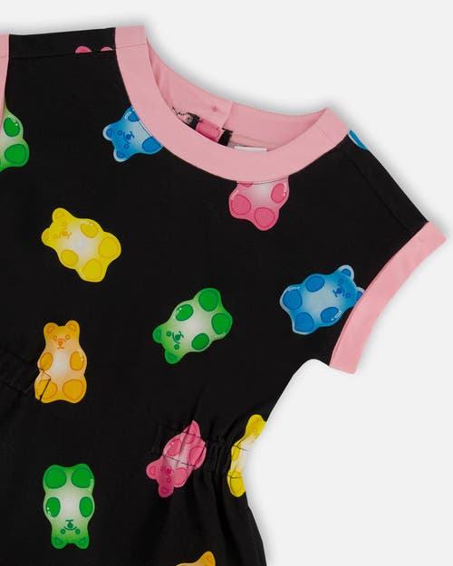 Deux Par Deux Girl's Printed French Terry Dress Black And Multicolored Gummies In Black And Multicolored Gummies