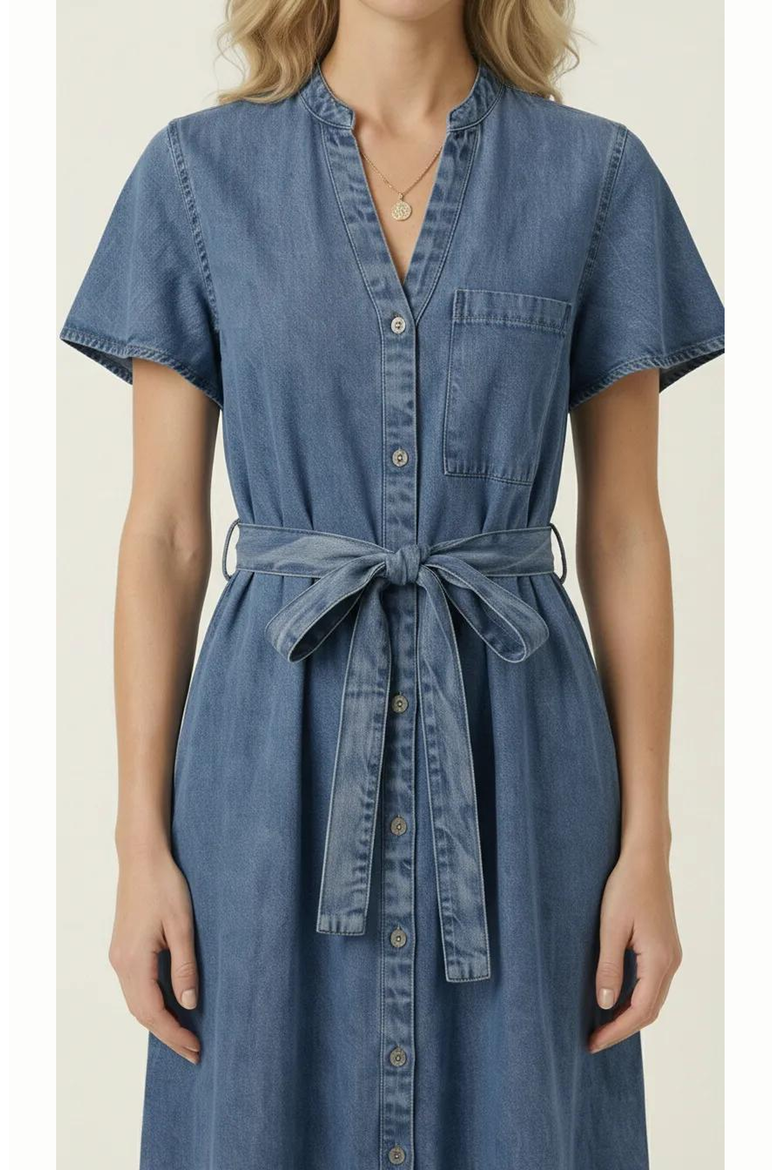 Belted Denim Ruffle Hem Dress, Alternate, color, Medium Wash Blue