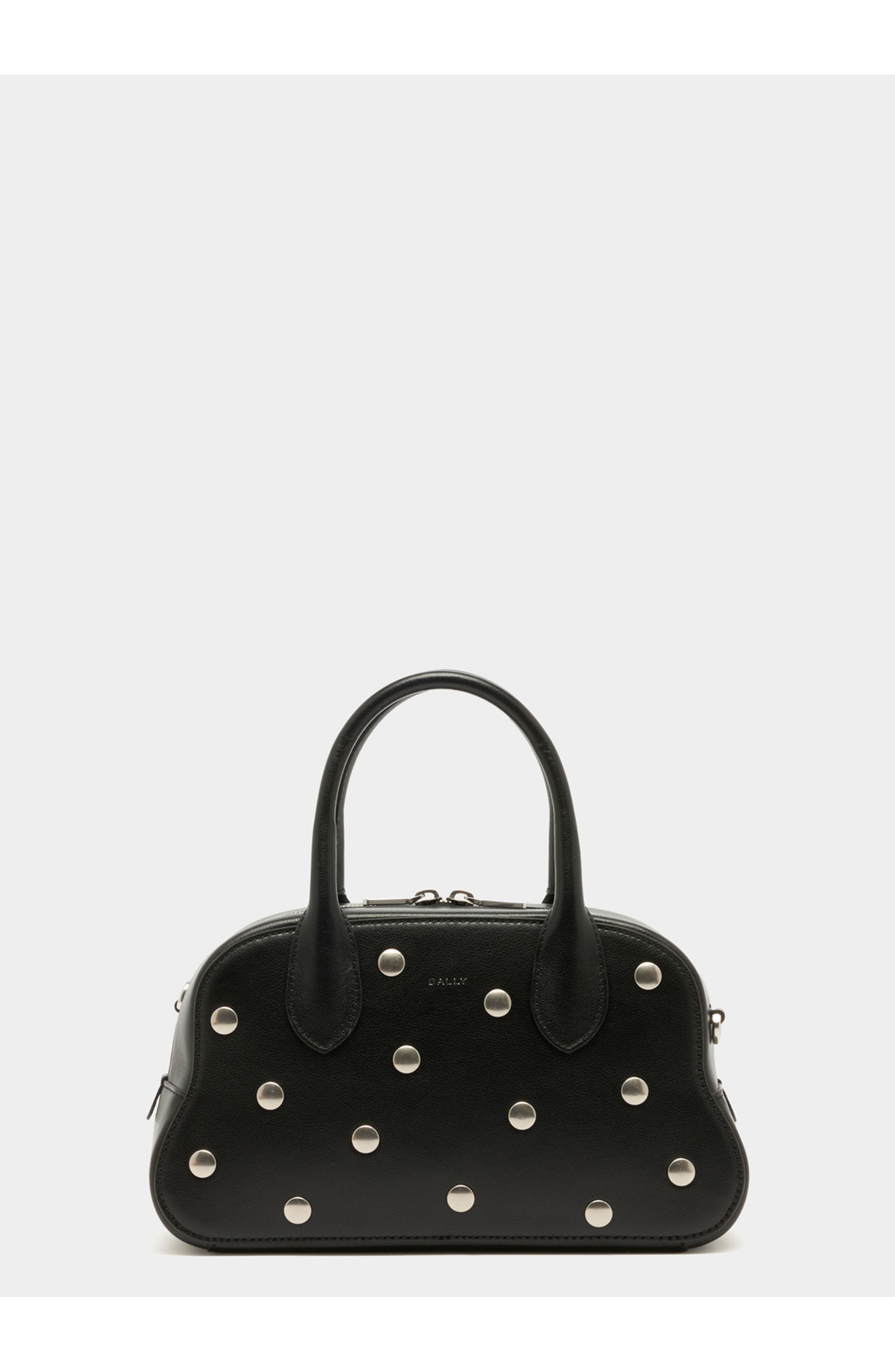 Bally Unda Top Handle Bag in Grained Calf Leather, Main, color, Black+Palladio