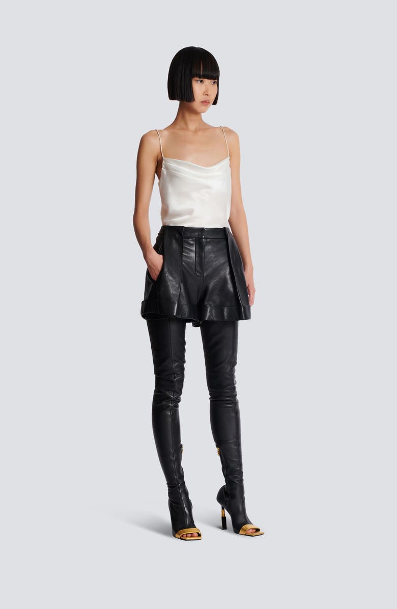 Balmain Pleated Lambskin Shorts, Alternate, color, 