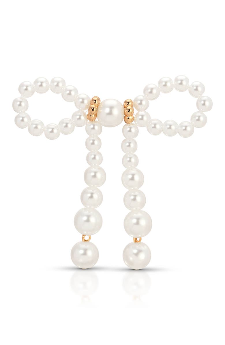 Ettika Faux Pearl Bow Brooch, Main, color, Gold