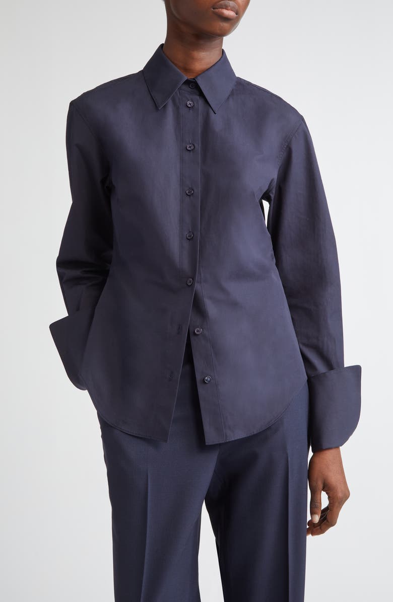 Lafayette 148 New York Fitted Organic Cotton Poplin Button-Up Shirt, Main, color, Ink