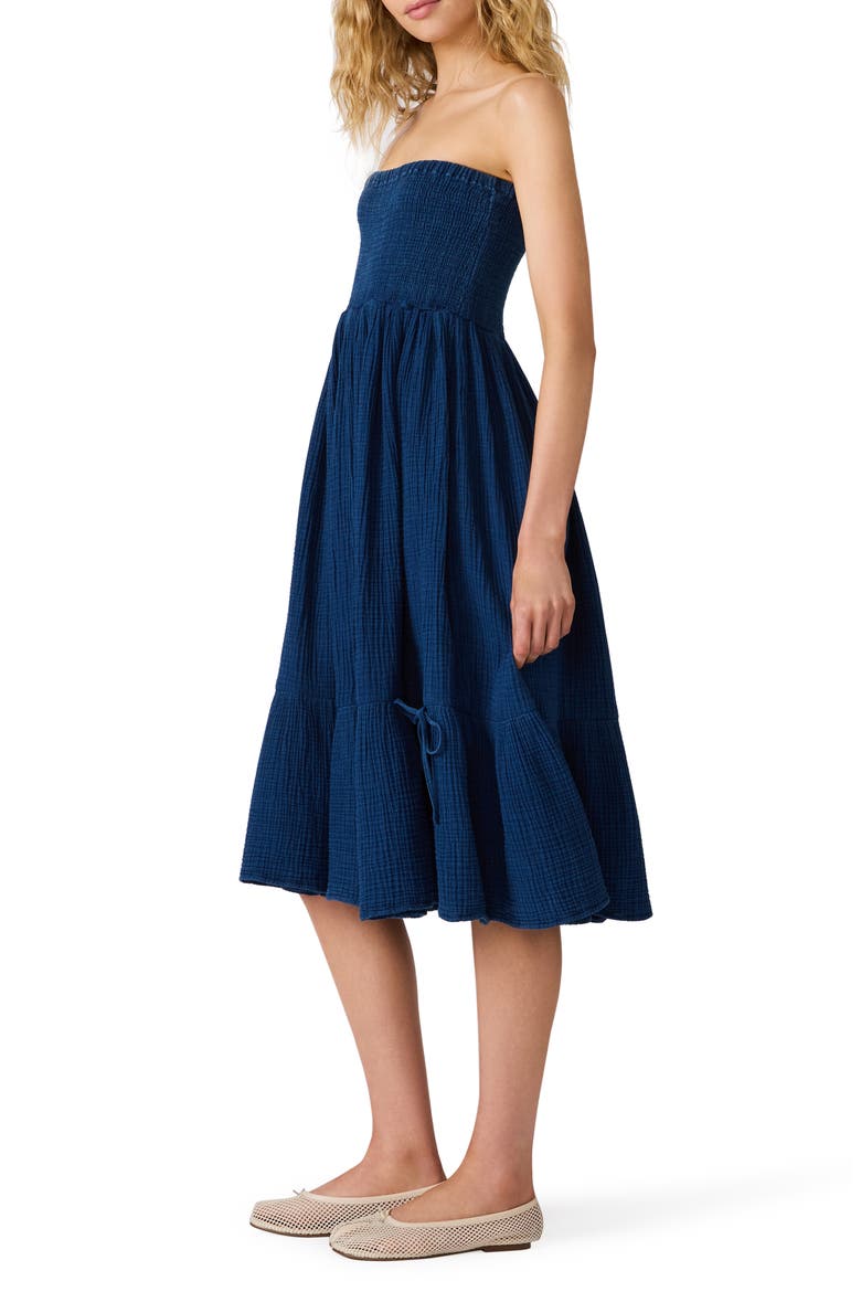 Bisou Strapless Smocked Gauze Midi Dress, Alternate, color, SOFT INDIGO