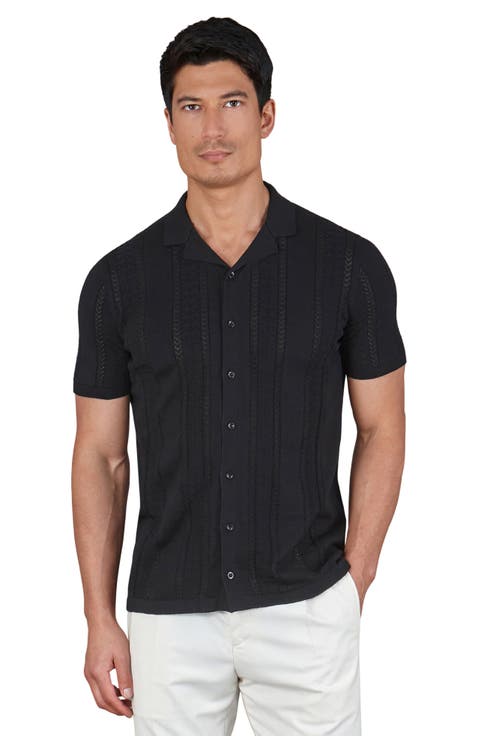 Cotton Open Knit Cuban Collar Shirt