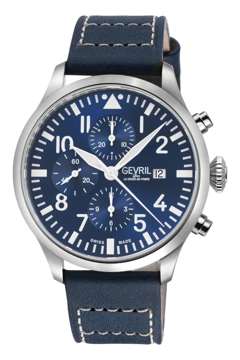 Vaughn Automatic Chronograph Leather Strap Watch, 44mm, Main, color, BLUE
