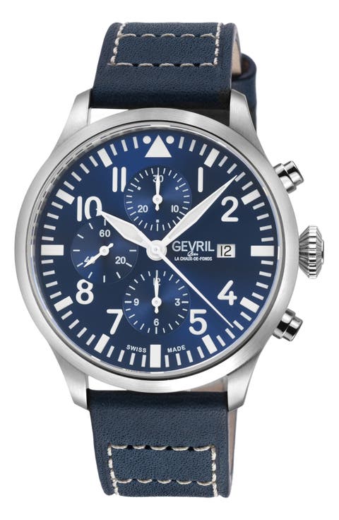 Vaughn Automatic Chronograph Leather Strap Watch, 44mm